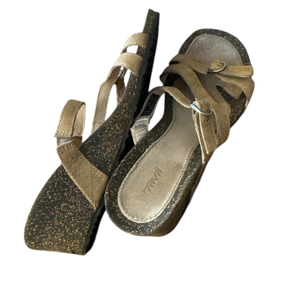 Teva Brown leather Strappy Wedge Sandals, slip on, women’s 8​ - Picture 3 of 12